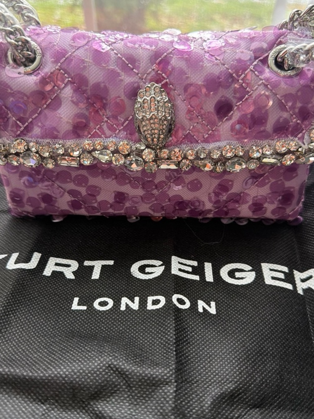 Kurt Geiger Lavender Sequin Mini Chain Crossbody with Crystal Bar